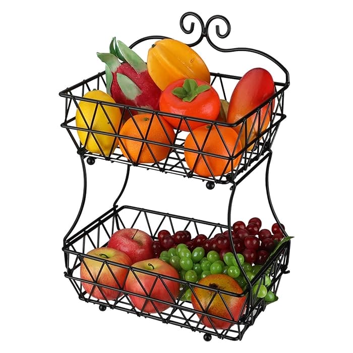 Regular Metal Fruit Basket, 2 Tier Metal Bread Basket, Portable Kitchen Storage Countertops Shelf Rack, Metal Black Fruit And Vegetable Storage Stand