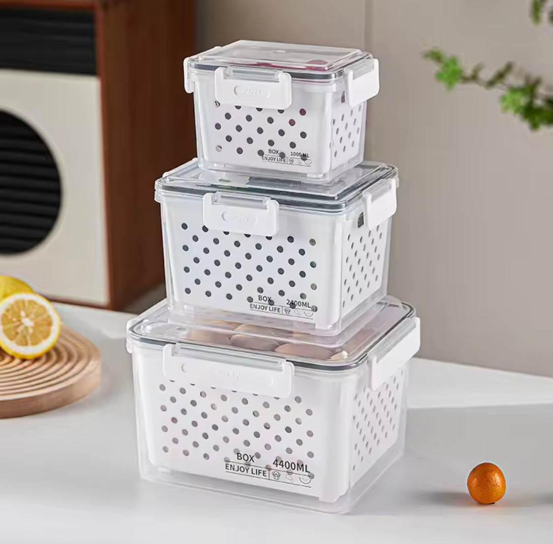 3pcs Refrigerator Organizer Box With Draining Basket, Transparent Refrigerator Food Storage Box, Multi Use Fridge Fruit Vegetable Storage Box
