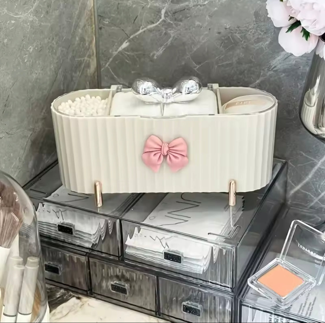Cute Bow Knot 3 Grid Makeup Organizer, Vanity Mini Cosmetic Organizer, Storage Box For Swabs And Cotton Pad With Lid