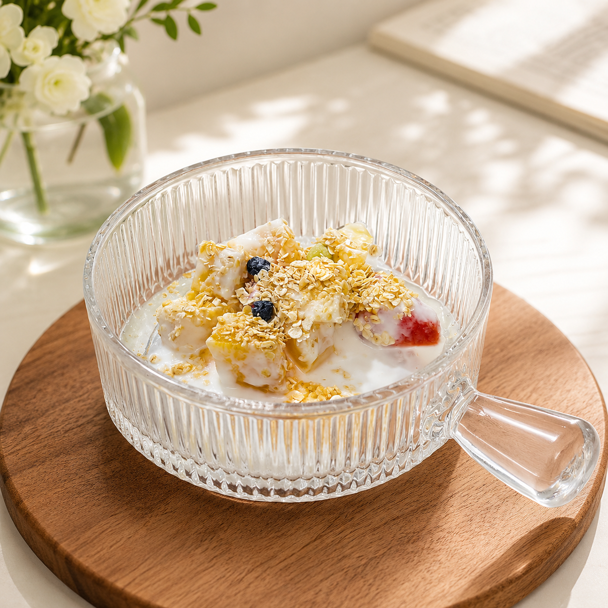 Elegant Ribbed Glass Bowl With Handle, Tableware Glass Salad Bowl, Transparent Glass Food Bowl,     Ribbed Glass Yogurt & Dessert Bowl