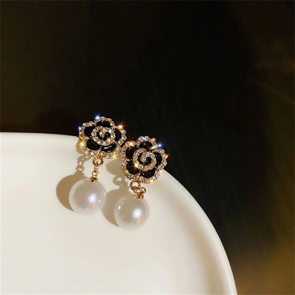 Black Rose Pearl Earring, Luxury's Imitation Flower Pearl Earring, Elegant Charm Flower Dangler Drop Earrings, Adolph Trending Rose Flower Drop Earring Jewellery