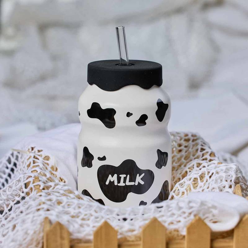 Korean Style Cow Pattern Ceramic Tumbler with Straw, Adorable Cow Print Water Bottle, 400ml Cow Print Drinking Cup