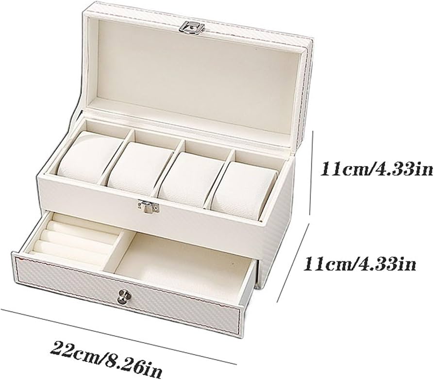 2 Tier Watch and Jewelry Storage Box, Luxury Watch Case with Jewelry Drawer, Jewelry Box with Watch Holders, Multi Compartment Watch and Accessories Organizer