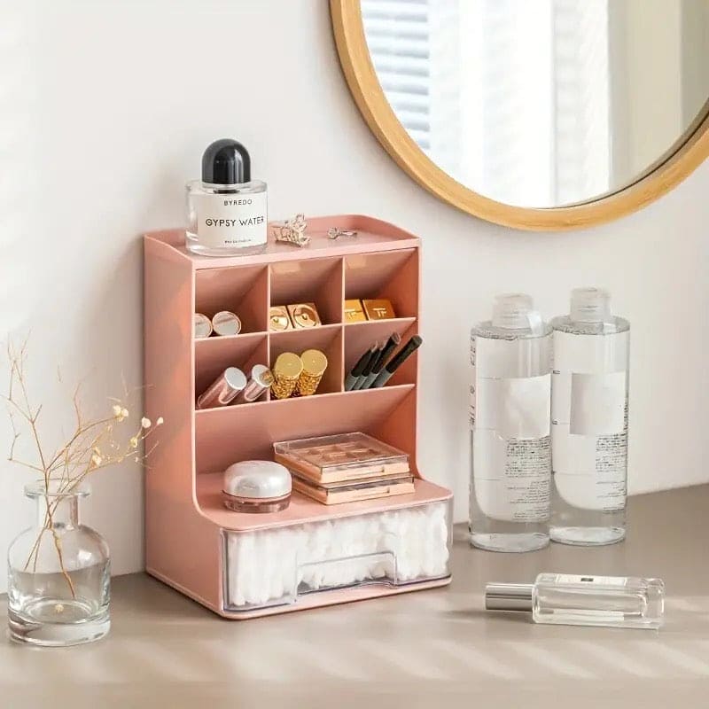 Slop Desktop Storage Box With Drawer, Classify Drawer Type Storage Box, 6 Compartment Multipurpose Organizer With Drawer, Rounded Corners Desk Stationary Organizer, Office School Inclines Desk Pen Organizer