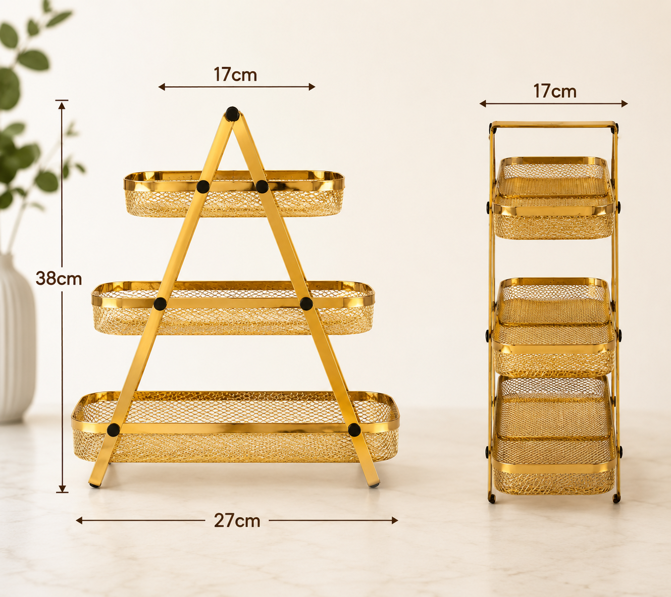 3 Tier Countertop Fruit Organizer Basket, Elegant Gold Display Fruits Basket, Multi Purpose Storage Stand, Imperial Gold Serving Basket Stand