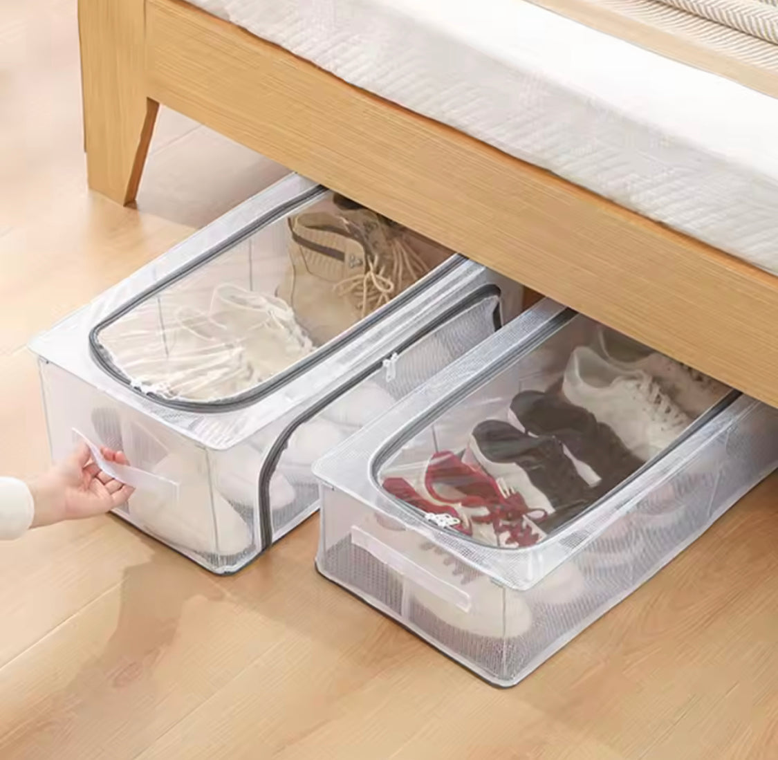 Double Sided Opening Zipper Shoe Storage Box, Under The Bed Shoe Basket, Dustproof Household Storage Box