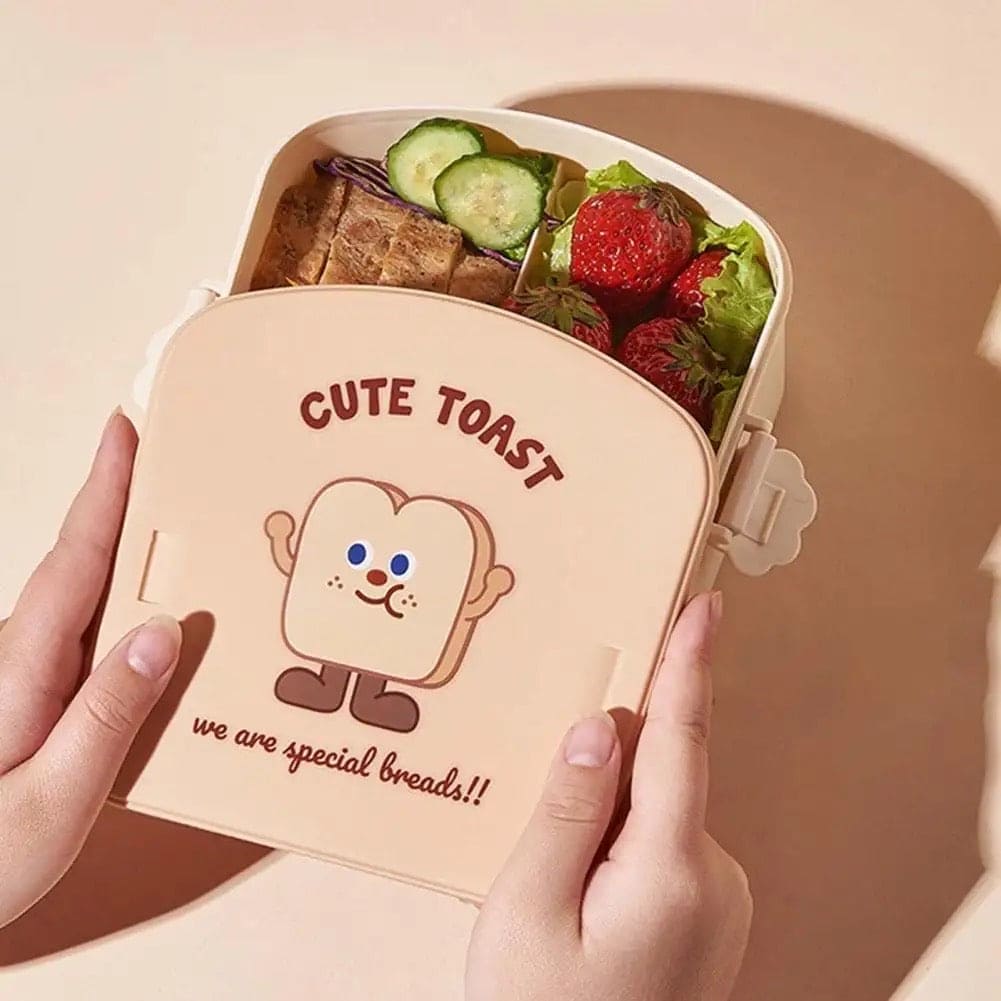 Square Toast Lunch Box, Plastic Partition Bento Box with Lid, Kids School Lunch Box, Snack Food Storage Container, 3 Grids Lunch Box with Cutlery, Cartoon Toast Pattern Students Bento Case for School Office