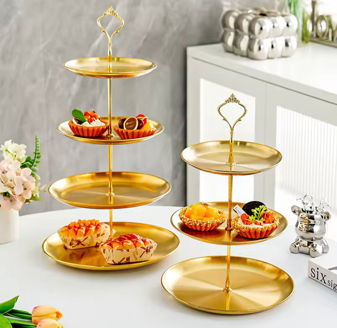 Three Layer Stainless Steel Cake Display Stand, Luxury Gold Dessert Display Stand, Multi Layer Serving Tray, Serving Platter Stand, Elegant Gold Cake Stand with 3 Decorative Serving Trays