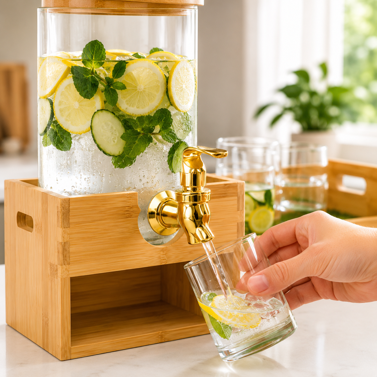 Tabletop Glass Beverage Dispenser with 6 Glass Cups, 2.2 Litres Glass Beverage Dispenser with Bamboo Stand, Bamboo Beverage Dispenser Station with Glasses