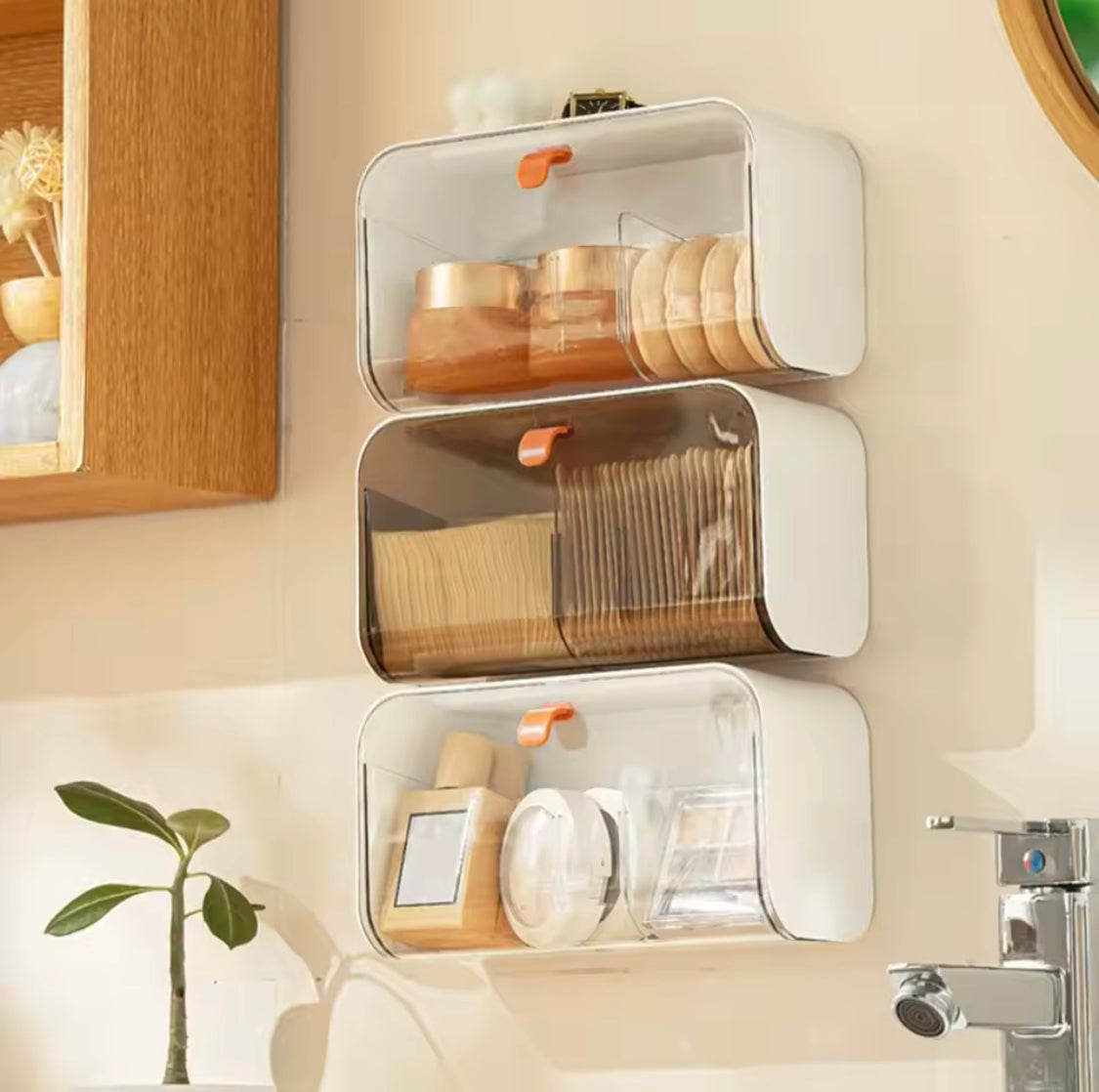 Wall Mounted Organizer With Adjustable Dividers, Dustproof Bathroom Organizer, Adhesive Cosmetic Storage Box, Undergarment Organizer Mini Cabinet