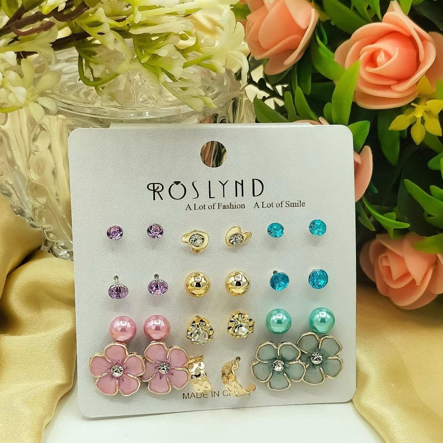 Set Of 12 Fashion Ear Tops, Women Girls Resin Diamante Stud Earrings Set, Multi Pairs Pack Studs, Girl Women Ear Jewellery Accessories