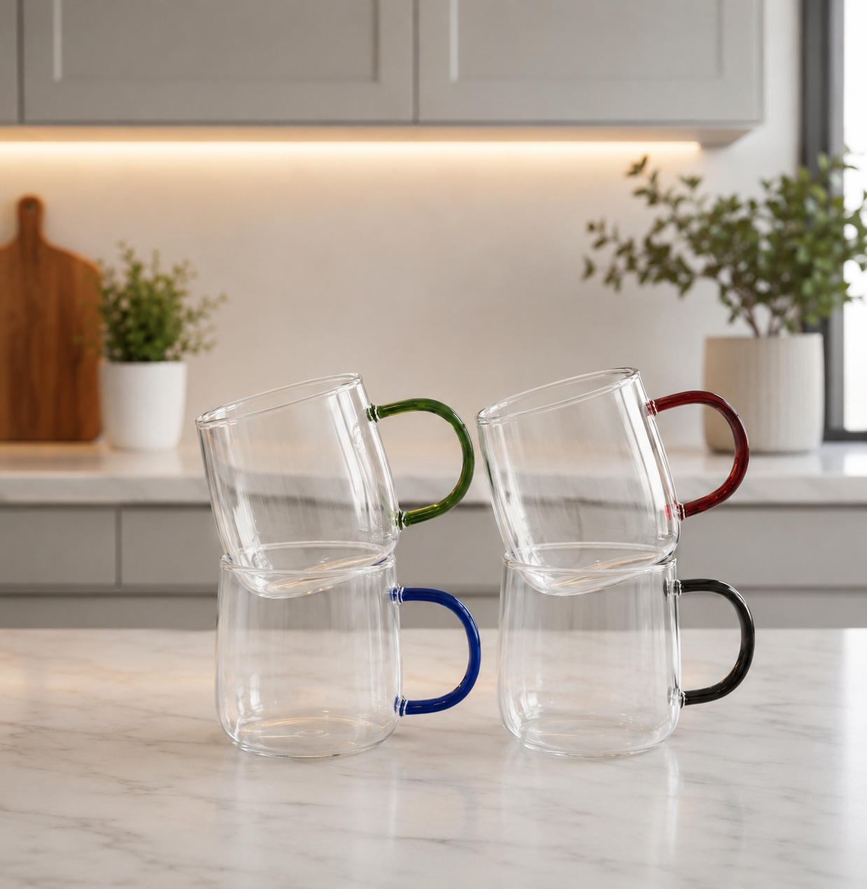 4pcs Elegant Colorful Handle Coffee Mug Set, Transparent Glass Mugs, Double Wall Clear Glass Drinkware Set