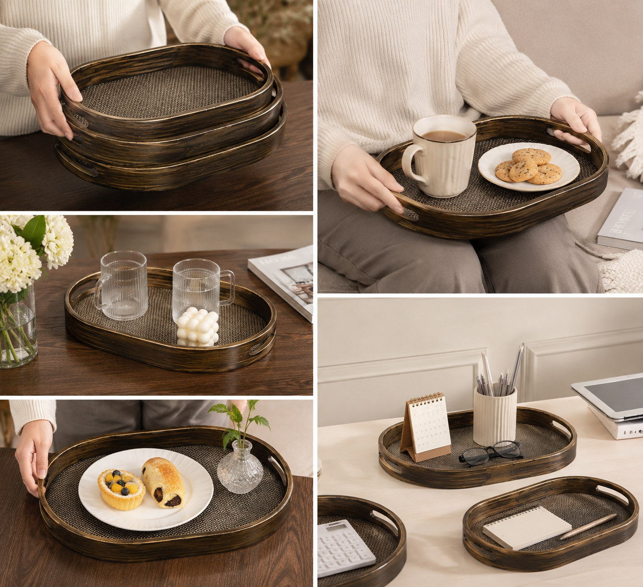 3pcs Classic Wooden Serving Tray Set, Handcrafted Style Woven Tray Set, Elegant Wooden Breakfast & Serving Trays