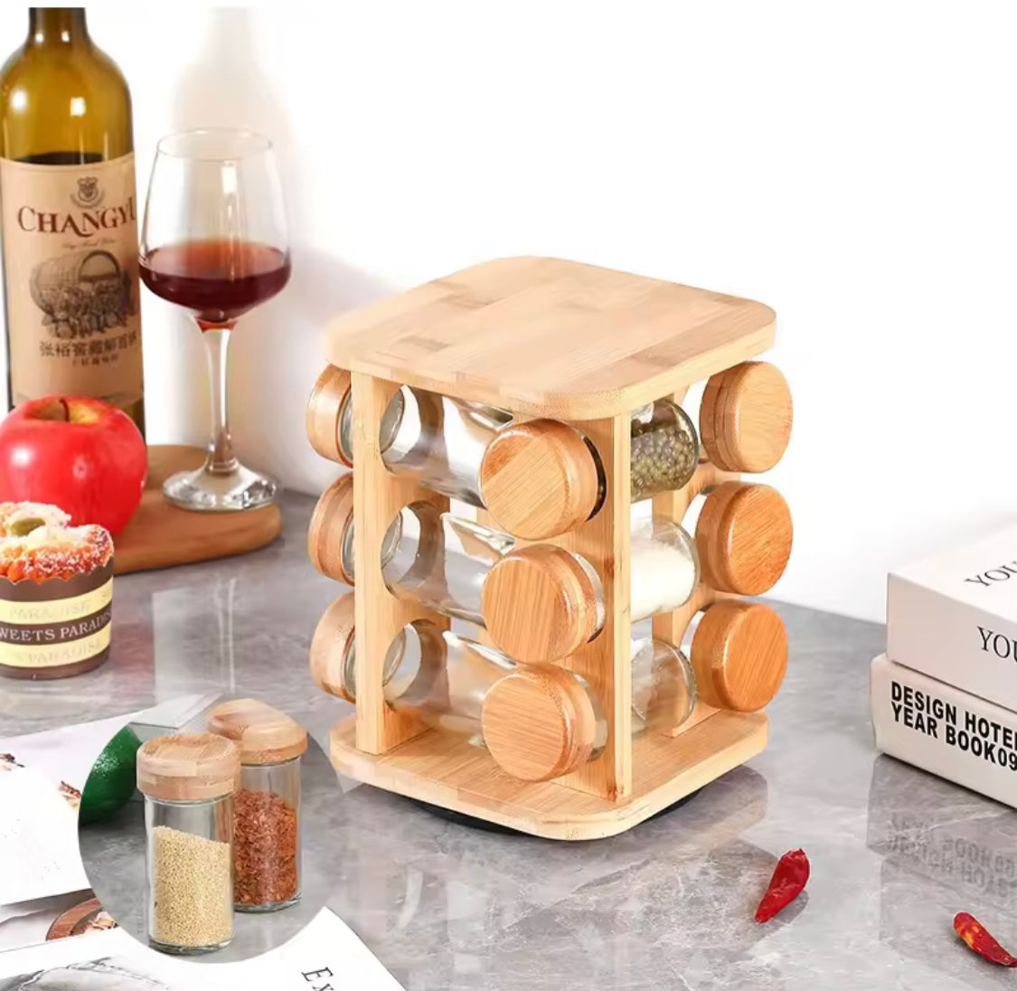 Rotatable Wooden Spice Rack With Jars, Multi Layers Square Shape Seasoning Bottle Storage Rack, Seasoning Bottles Condiment Jars, Kitchen Storage Organizer