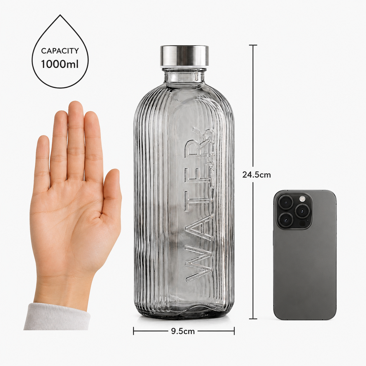 Classic Ribbed Glass Beverage Bottle, Elegant Glass Water Bottle With Metal Cap, Luxury Ribbed Glass Beverage Flask