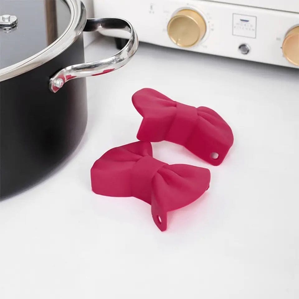 Set Of 2 Elegant Bow Tie Pot Gripper, Bowknot Handle Pot Ear Clip, Cooking Oven Glove, Mini Oven Mitt, Finger Guard Pot Holder, Bow Tie Silicone Heat Insulator Clip, Heat Insulator Finger Guard, Silicone Pinch Holder