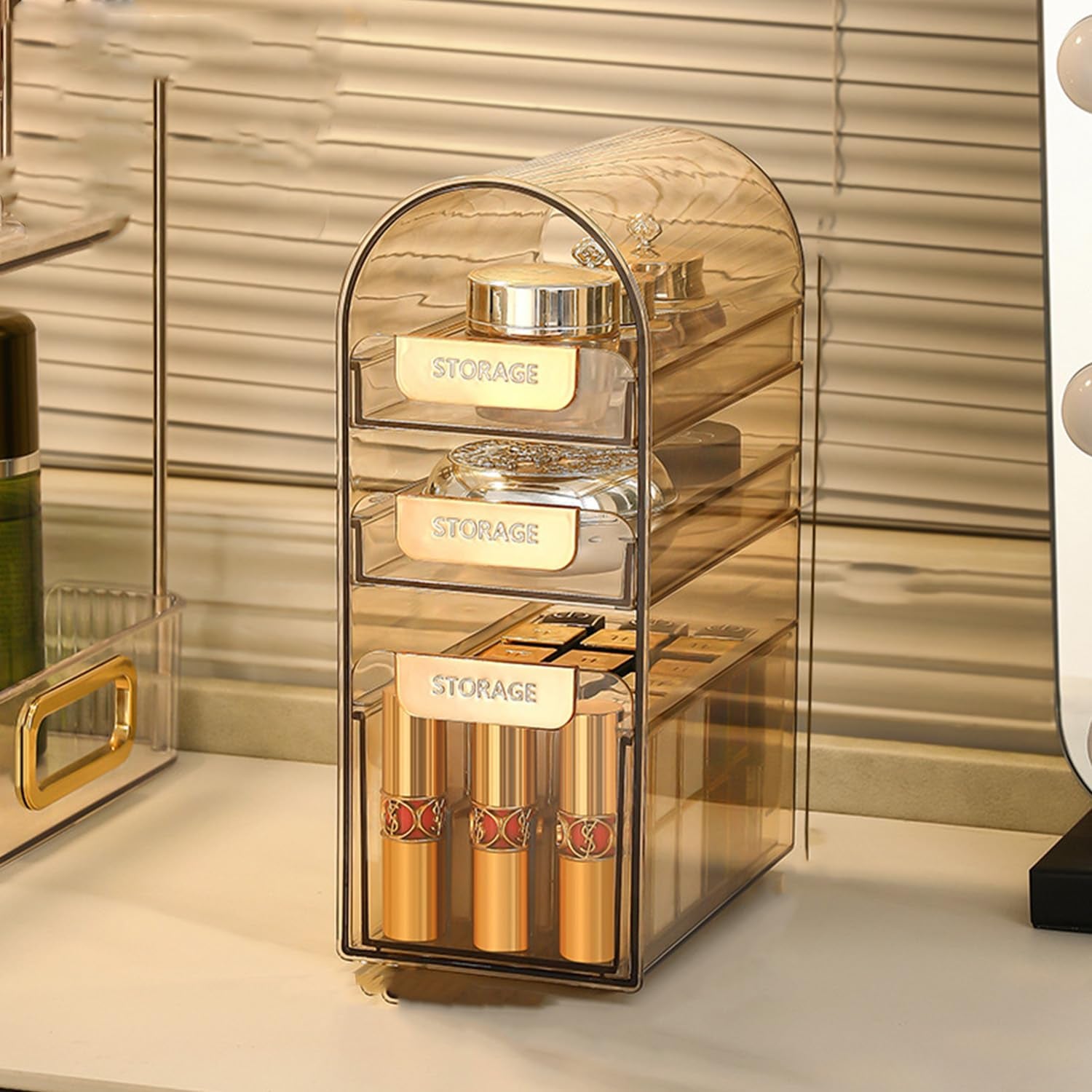 Acrylic Makeup Organizer with 3 Drawers, Transparent Cosmetic Storage Box With Lipstick Holder, Multi Layer Makeup Organizer Cosmetics & Skincare