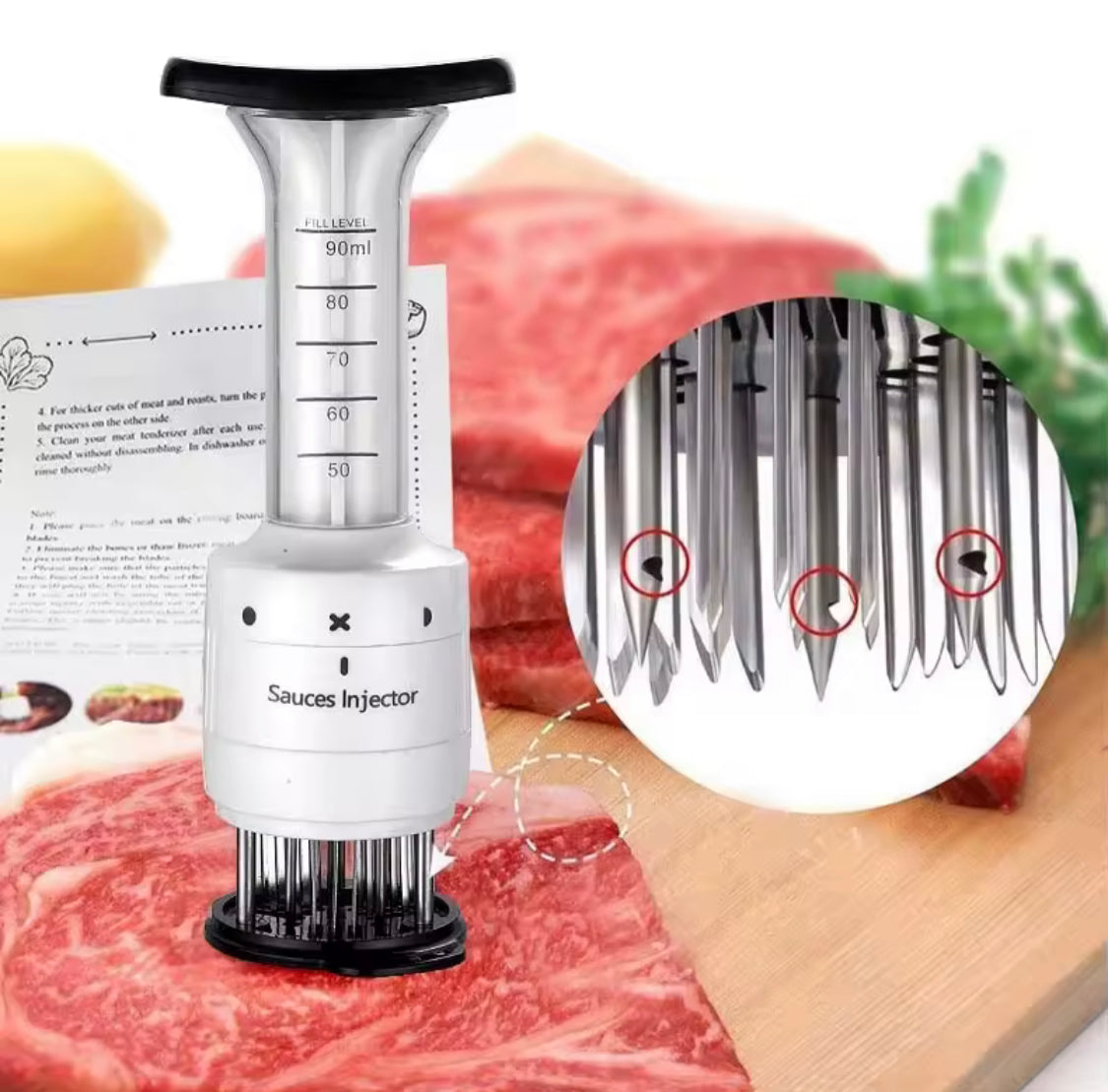 Stainless Steel Meat Injector Tool, Manual Meat Tenderizer Tool, BBQ Meat Sauce Injector
