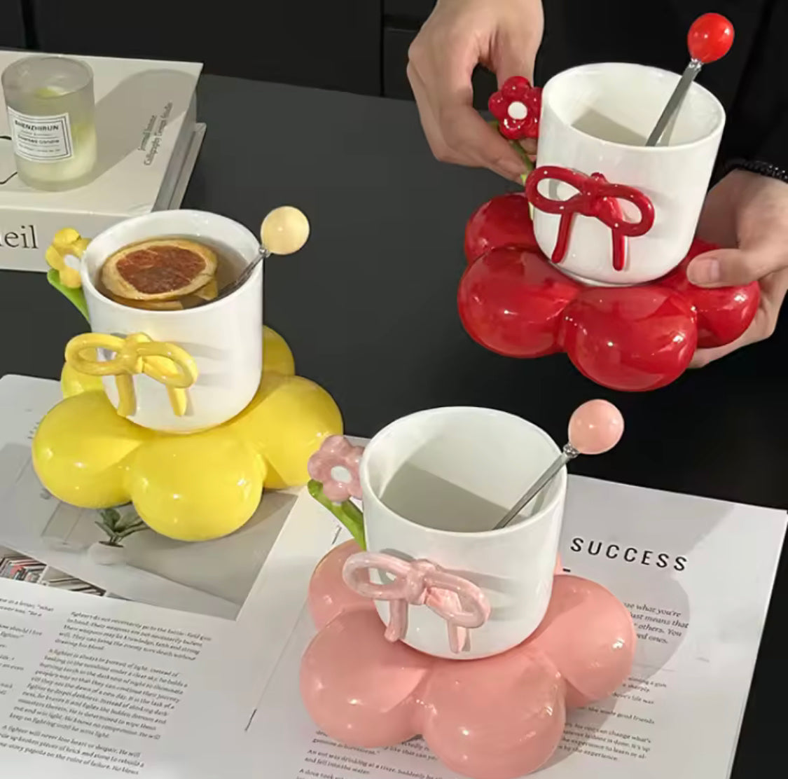 Creative Bow Ceramic Mug With Spoon, Three Simensional Flower Coffee Cup, Girls Office Breakfast Milk Cup