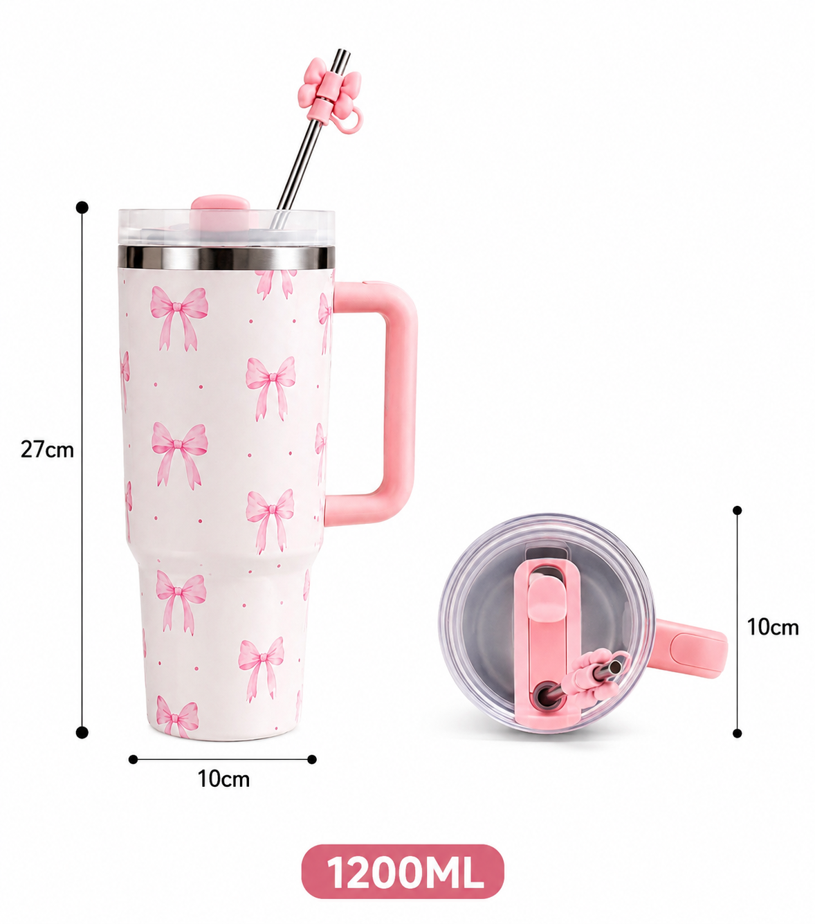 1200ml Bow Design Insulated Tumbler, Cute Bow Print Stainless Steel Tumbler, Cute Girly Bow Print Thermal Cup, Bow Pattern Thermal Travel Mug