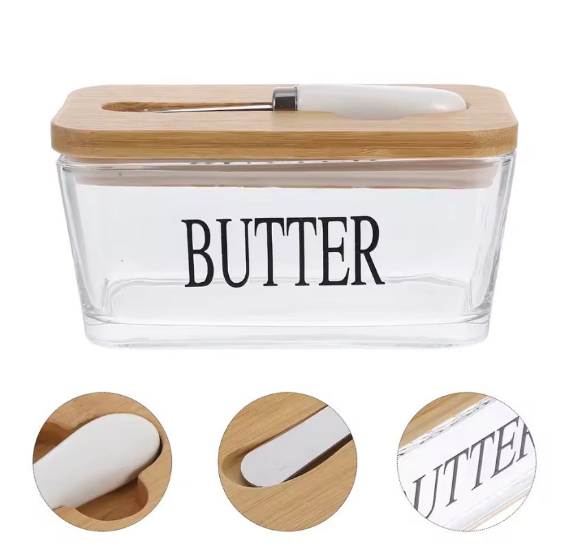 Glass Butter Box with Bamboo Lid And Knife Holder, Butter Keeper Glass Container, Glass Butter Box with Wooden Lid