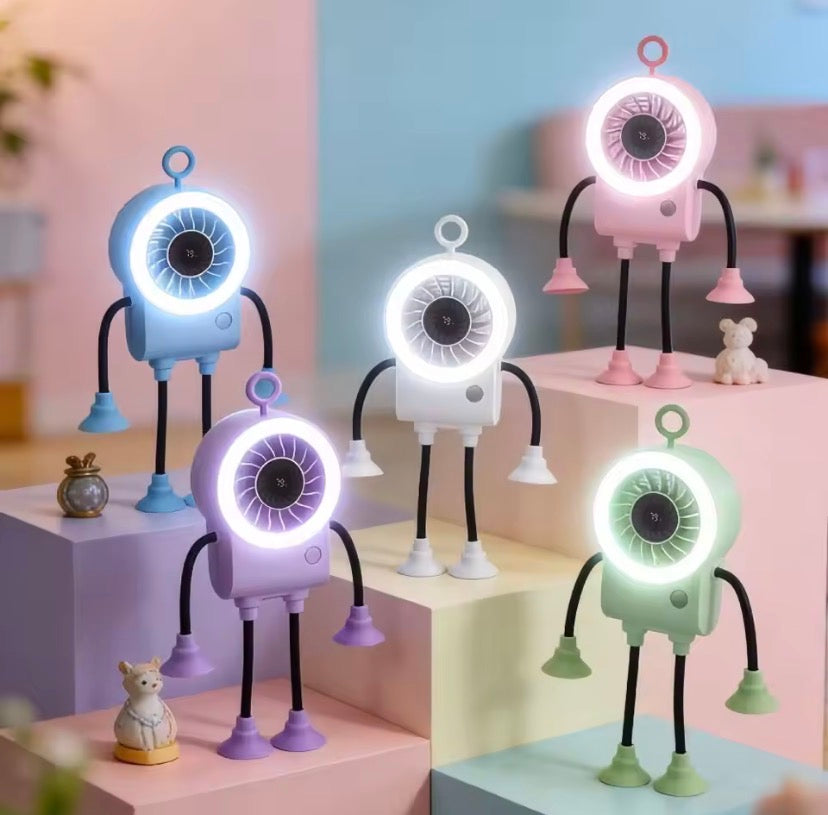 Portable Robot Shape Fan with Suction Cup Stand, Rechargeable LED Robot Mini Fan with Suction Cup Legs, Mini Robot Air Circulation Fan, Suction Cup Robot Cooling Fan