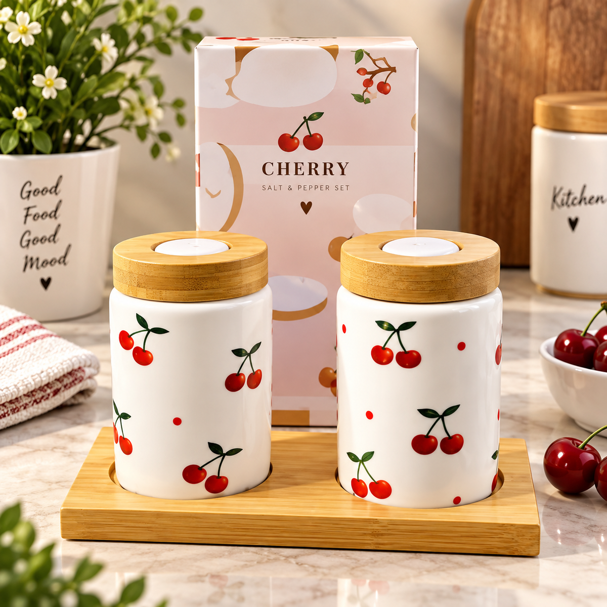 Cherry Print Ceramic Salt & Pepper Shaker Set, Salt Pepper Jar Set with Bamboo Stand, Cute Cherry Salt And Pepper Pots, Kitchen Organizer