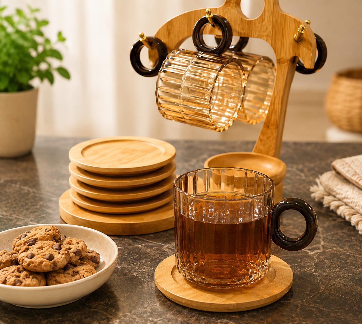 6pcs Ribbed Glass Cups with Bamboo Stand, Countertop Glass Mug Holder And Coaster Set, Fluted Glass Mugs with Bamboo Rack