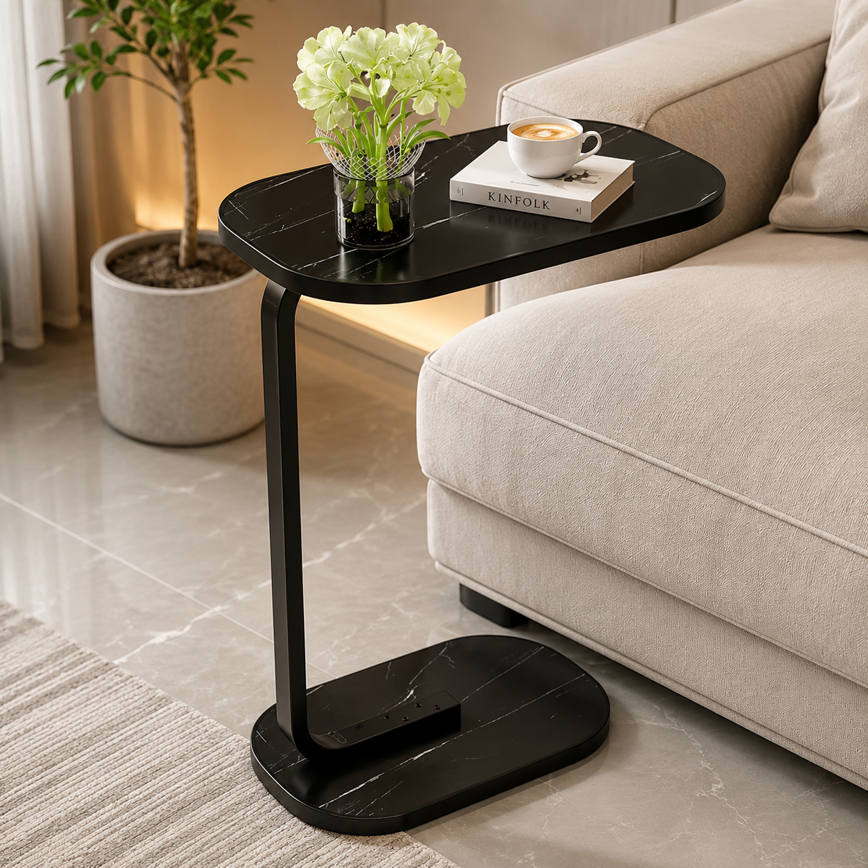 Premium C Shaped Side Table, Portable Bed And Sofa Side Table, Luxury Marble Top Side Table, Compact Laptop Side Table