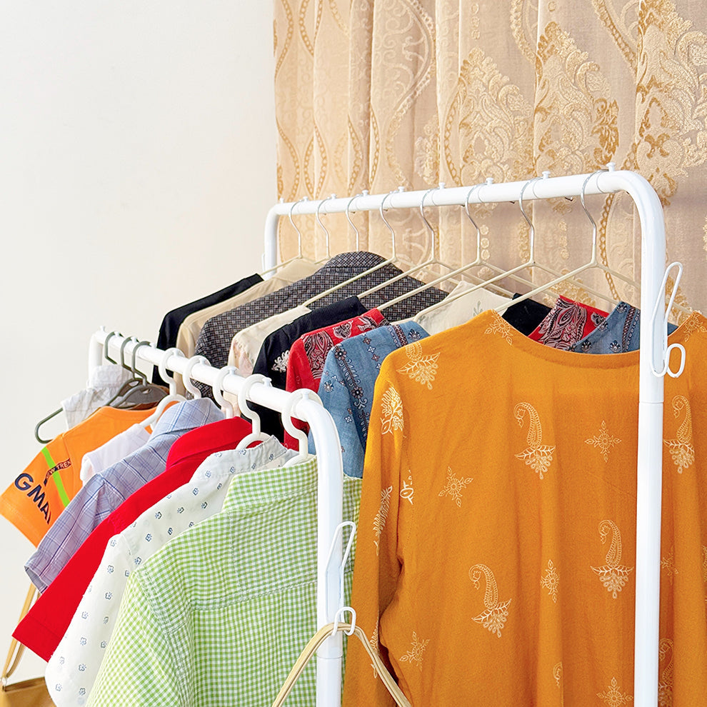 Dual Pole Metal Clothes Stand With Shoe Tiers, Standing Wardrobe Clothes Rack, Floor Stand Drying Rack
