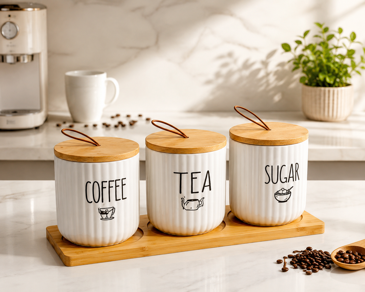 3pcs Ceramic Coffee Tea Sugar Pot Set, Elegant Ceramic Canister Set with Wooden Tray, Classic Ribbed Kitchen Jar Set