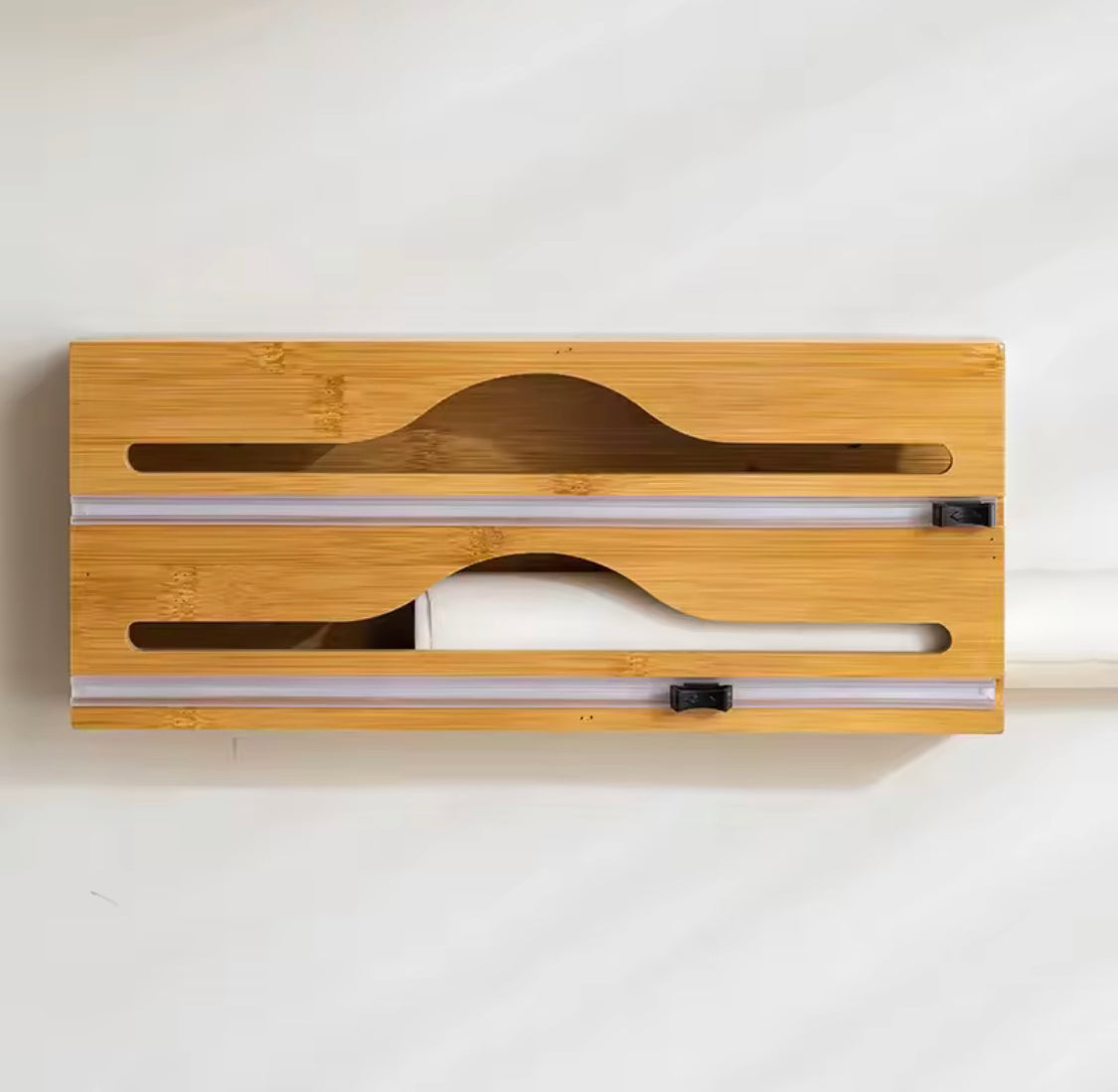 Bamboo Compartment Foil Cutter Box, Plastic Wrap Cutter Holder, Bamboo Plastic Film Cutter, Wall Film Dispenser