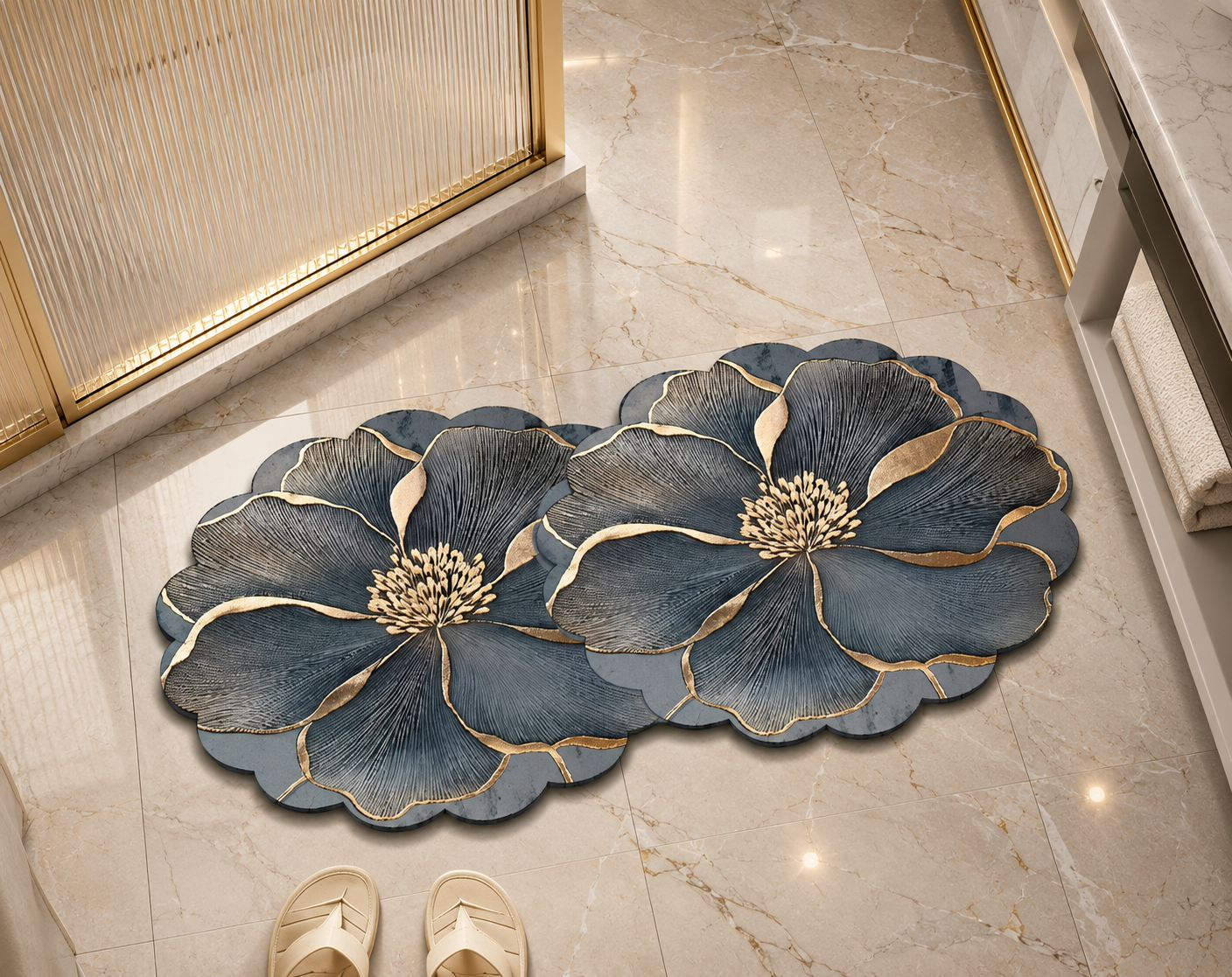 Anti Slip Gold Floral Pattern Bath Mat, Flower Design Washable Rug, Cute Flower Plush Floor Rug
