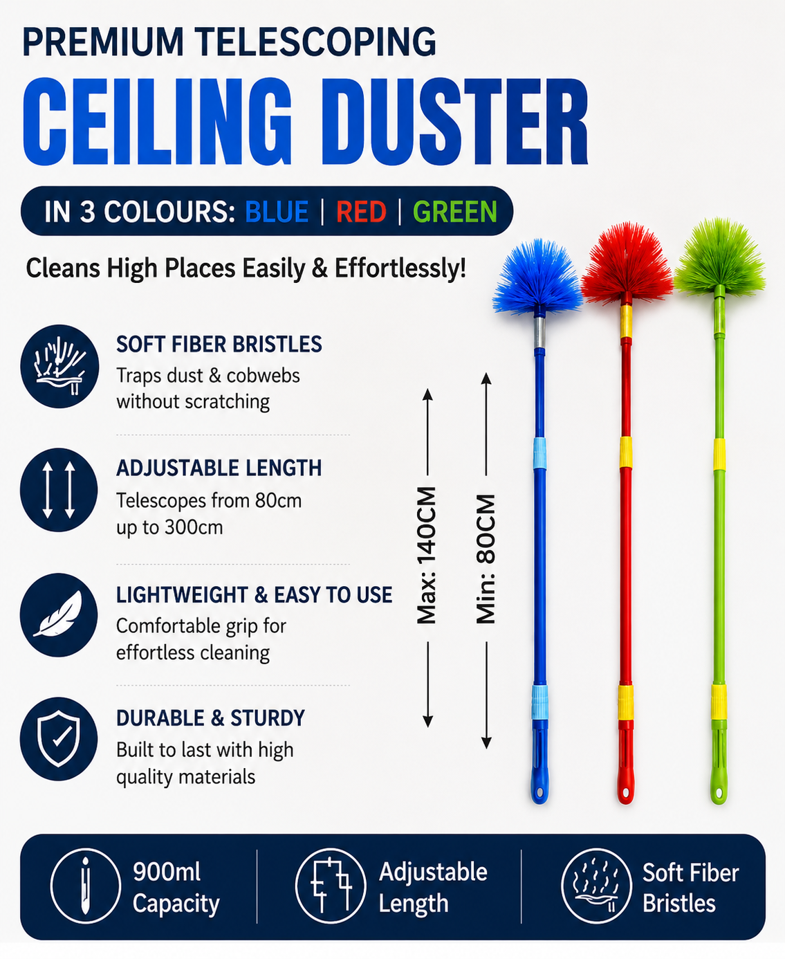 Premium Telescoping Ceiling Duster, Adjustable Ceiling And Fan Cleaning Brush, Extendable Microfiber Ceiling Duster, Soft Fiber Extendable Dust Brush