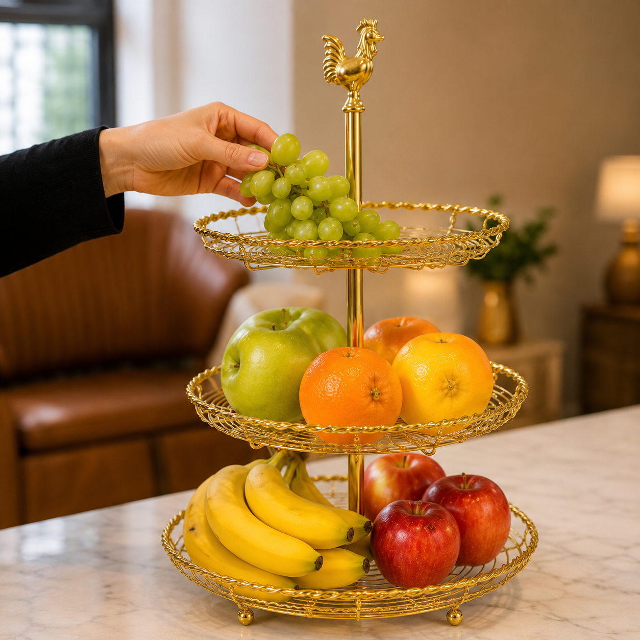 3 Tier Golden Fruit Basket with Rooster Top, Multi Purpose Serving Stand, Golden Rooster Fruit & Snack Organizer, Elegant Food Serving Stand