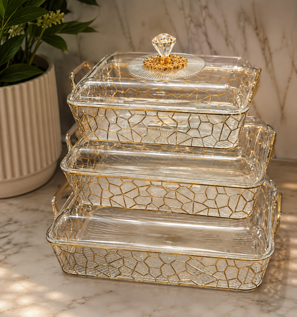 3pcs Luxury Glass Serving Dish Set, Decorative Covered Glass Dish Set