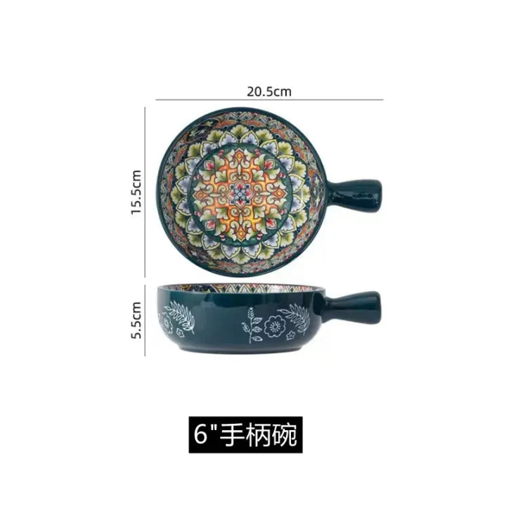 Decorative Ceramic Soup Bowl with Handle, Handcrafted Floral Ceramic Bowl, Colorful Pattern Soup And Ramen Serving Bowl Vintage Floral Ceramic Bowl with Handle
