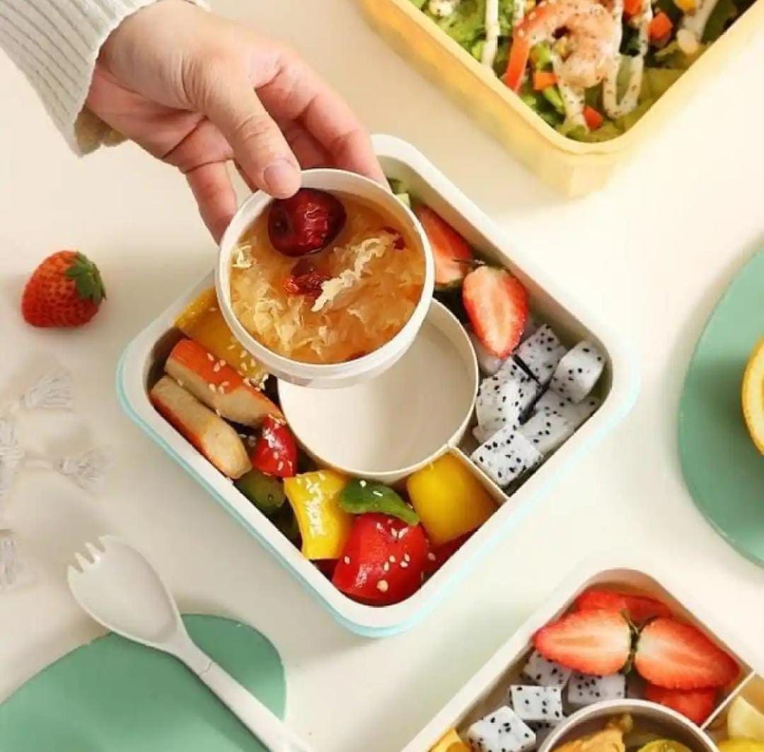 3 Cell Bento Lunch Box, Food Storage Containers, Transparent Lunch Box, Microwave Heating Lunch Box, Food Container Portable Salad Bowl, Leak-Proof Lunch Box with Grid, Food Container for Home, Office, or School