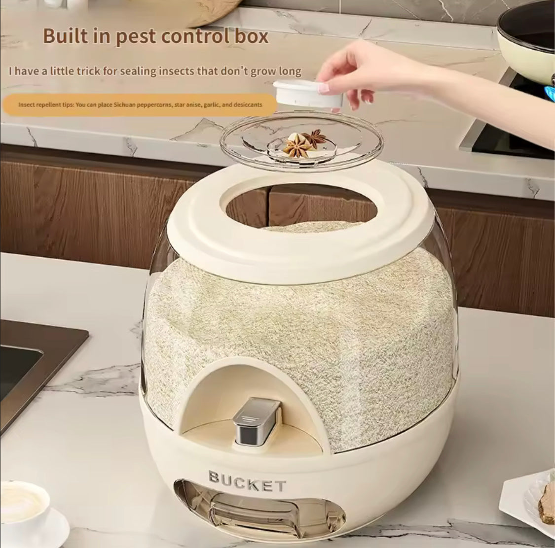 10KG Press Type Kitchen Food Grade Jar, Round Rice Storage Tank, Kitchen Accessories, Kitchen Storage Bucket, Rice Dispenser