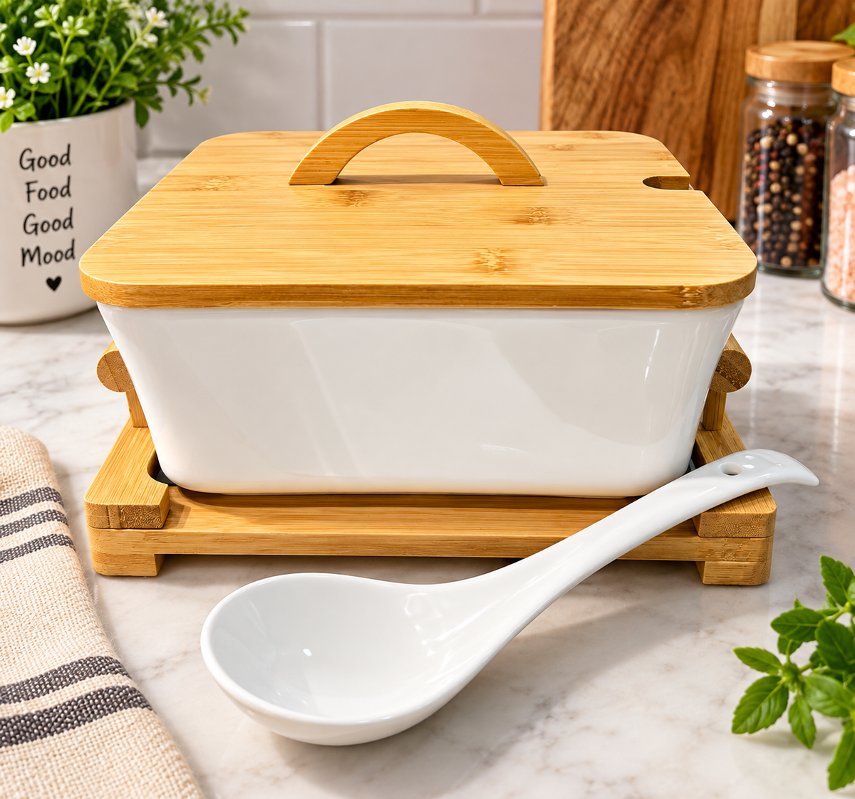 Ceramic Hot Pot Serving Dish with Wooden Stand, Dining Serving Dish with Wooden Lid, Food Warmer Serving Dish with Bamboo Stand