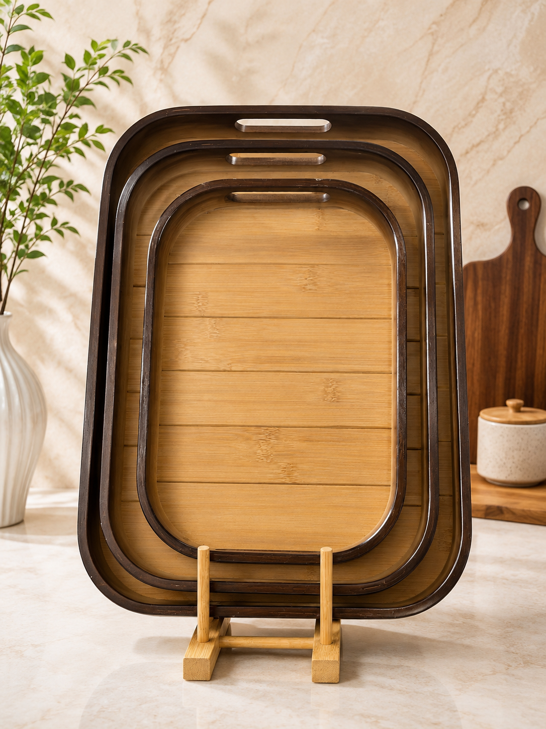 3 Pcs Wooden Tea Serving Tray Set With Handles, Elegant Bamboo Breakfast Tray Set, Classic Wooden Serving Tray Collection