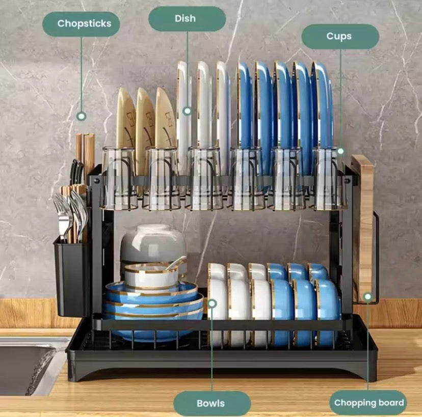 Premium 2 Tier Dish Drying Rack, Space Saving Dish Drying Stand, Countertop Dish Rack With Drainage Tray