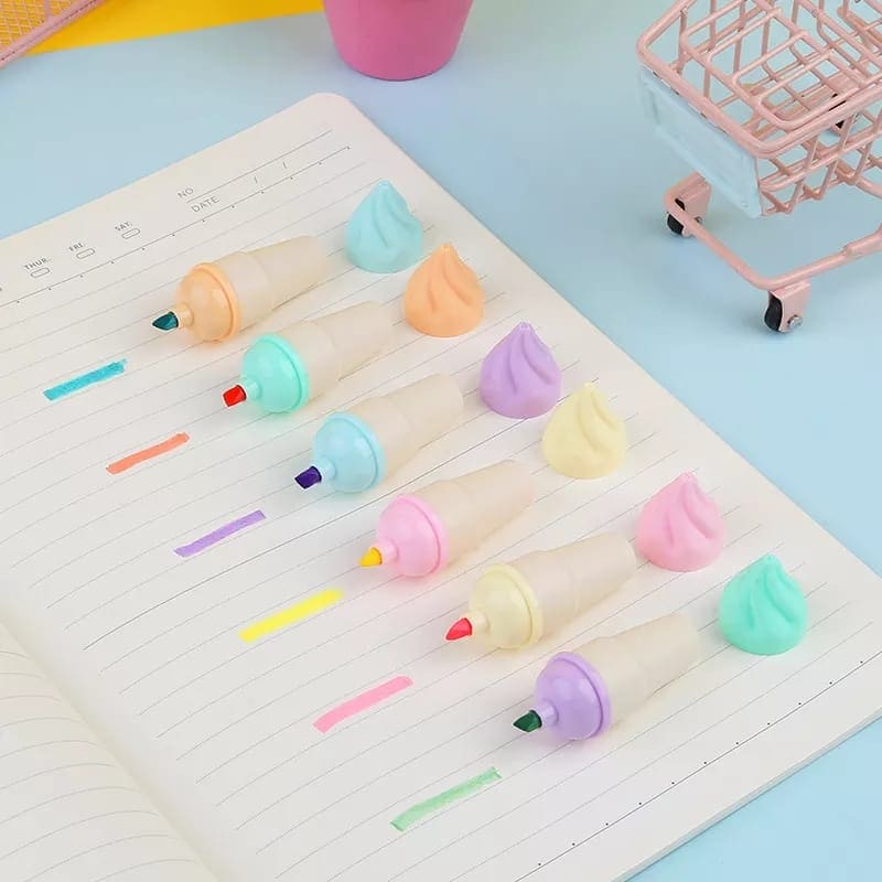 Set Of 6 Mini Ice Cream Highlighter, Portable Mini Sweet Cute Cone Shape Highlighters, Marker Pens With Chisel Tip, Fluorescent Coloring Pens for Student Office School Home