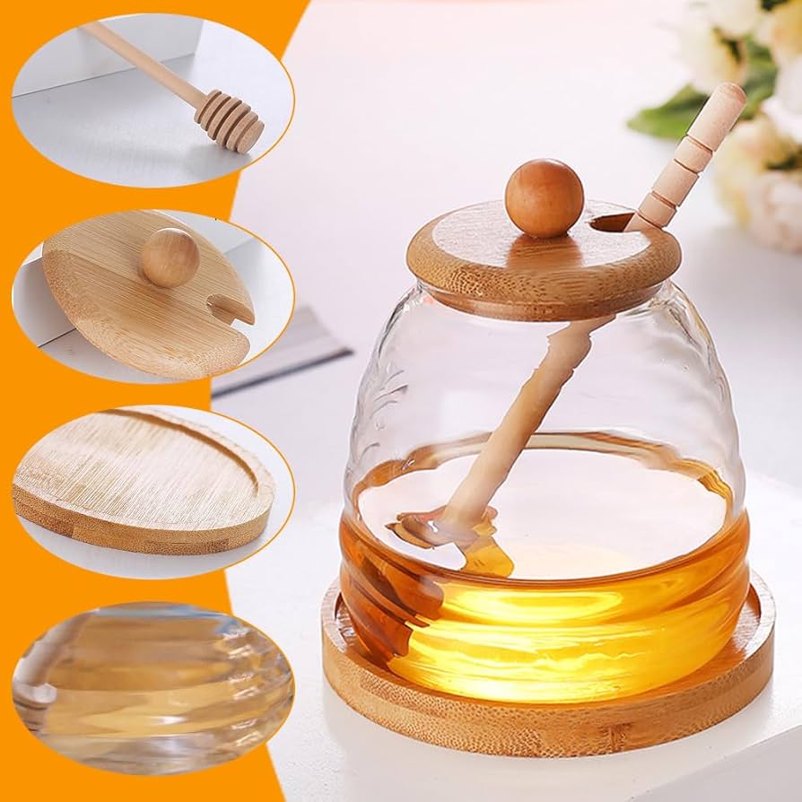 Glass Honey Pot With Spoon, Honey Jar With Wooden Lid, Solid Glass Honeycomb Tank, Honey Pot Dispenser With Lid