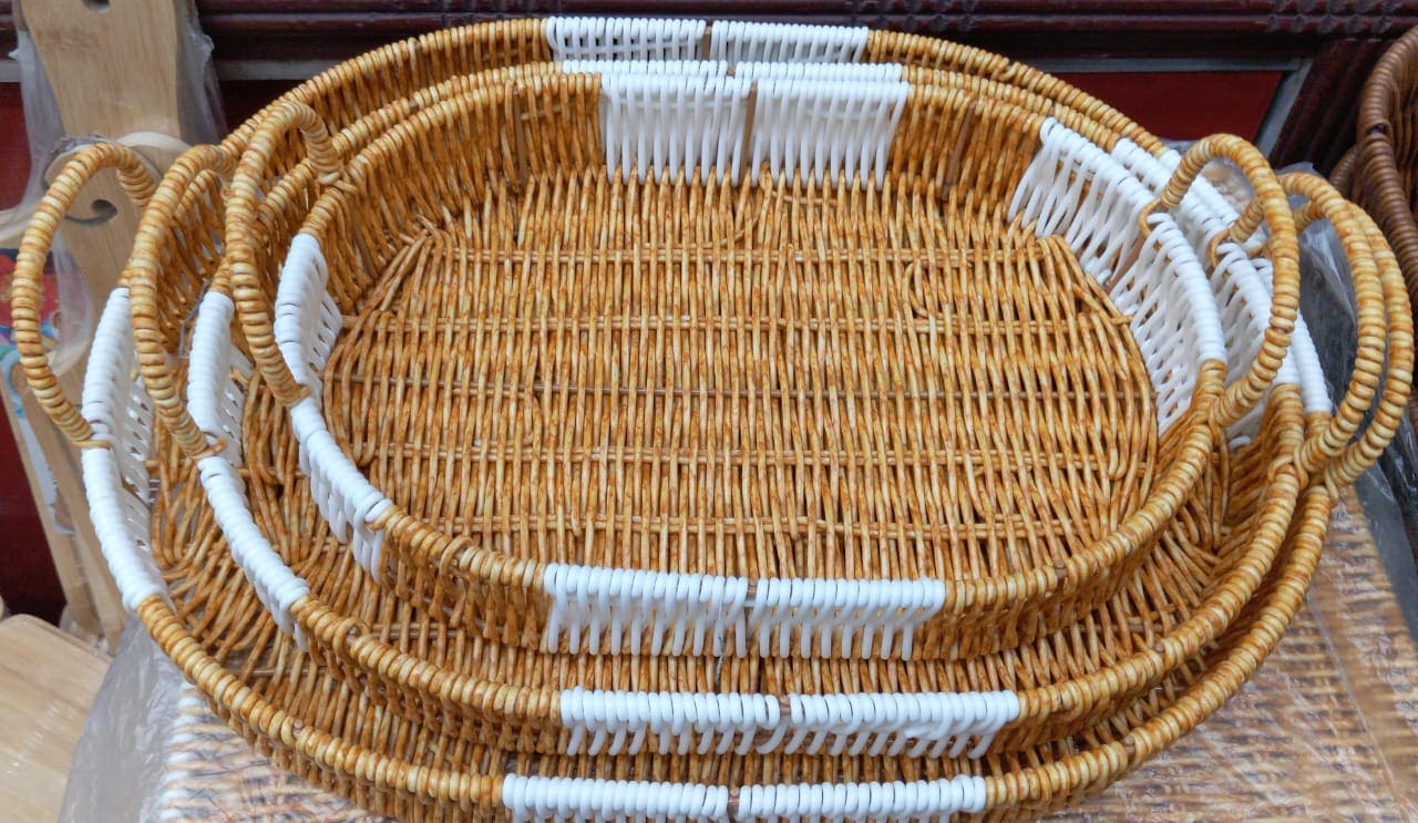 Set Of 3 Oval Rattan Basket, Double Ear Non Woven Imitation Tray, Bread Basket Fruit Basket, Creative Display Snack Storage Basket, Plastic Rattan Lace Bamboo Basket, Kitchen Dining Fruit Plate, Multipurpose Storage Basket