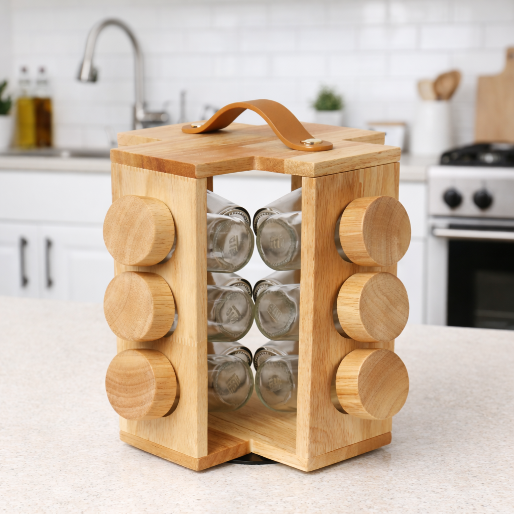 Rotatable Wooden Spice Jar With Handle, Kitchen Masala Rack with Jars Set, Spice Jar Stand, Kitchen Storage Organizer