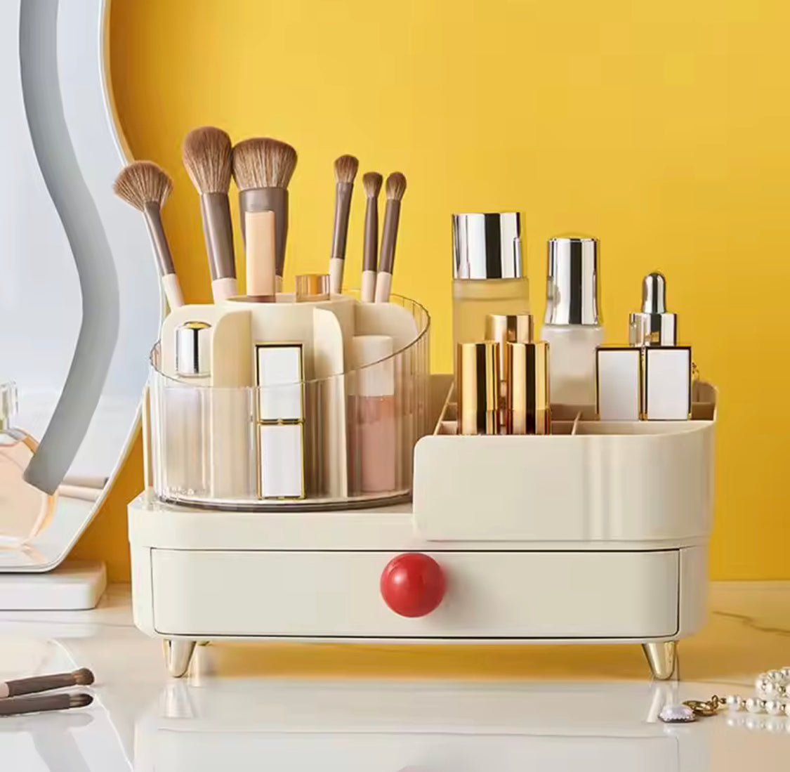 Cosmetic Storage Holder With Rotating Makeup Brush Holder, Makeup Brush Holder With Drawer, Lipstick and Eyebrow Pencil Holder, Makeup Sundries Storage Organizer