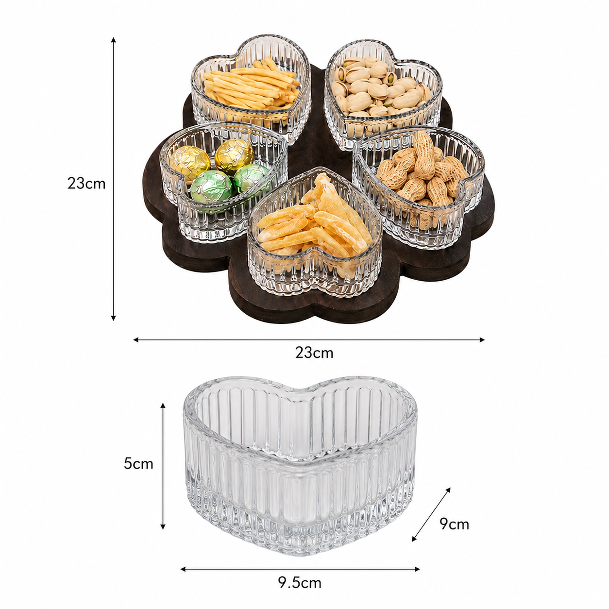 Rotatable 6pcs Heart Shaped Glass Snack Bowl Set, Luxury Ribbed Heart Glass Serving Bowls, Crystal Heart Glass Snack Bowl Set