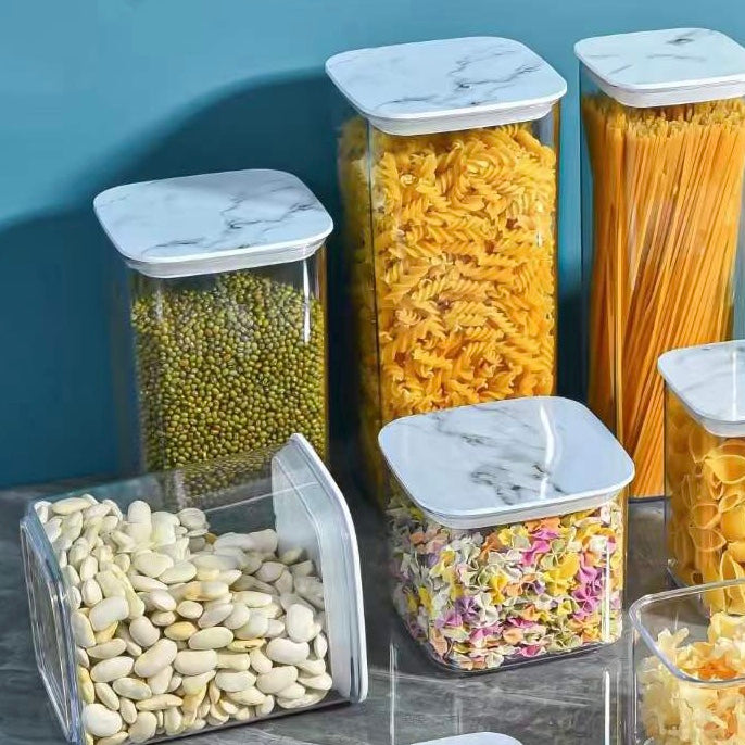 Marble Transparent Storage Jar, Kitchen Square Jar with Lid, Multigrain Tank Container for Cereal, Stackable Kitchen Bulk Sealed Cans, Airtight (500ml, 600ml, 800ml, 1200ml) Food Organizer