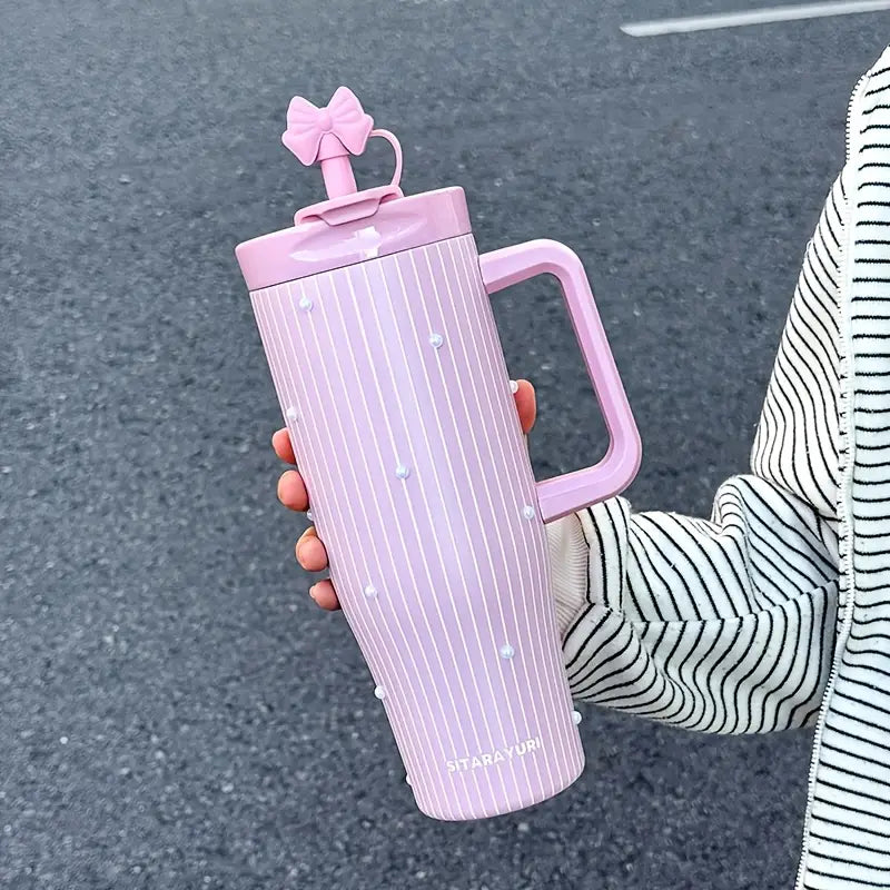 PearlMist 40oz Insulated Tumbler,     Cute Ribbon Style Thermal Cup, Large Capacity Aesthetic Water Cup with Handle